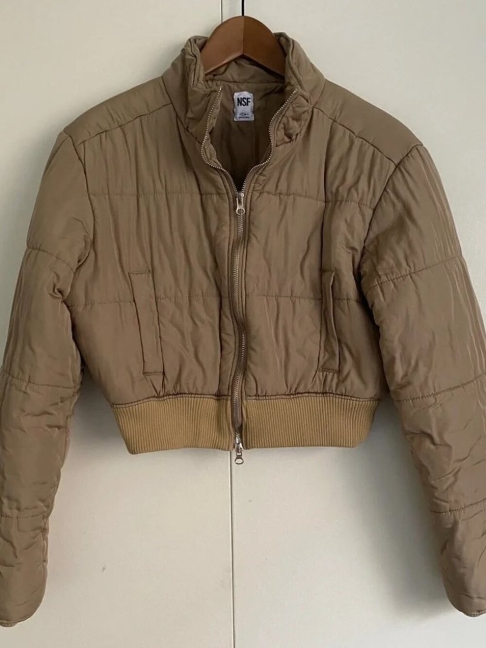 New with Tags NSF Cropped Puffer Jacket Khaki Green Beige, Size Small